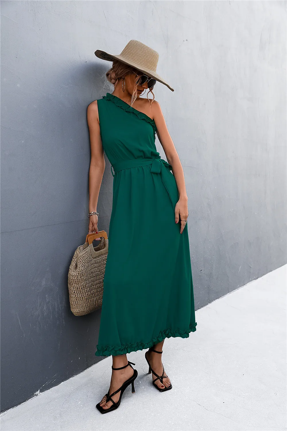 MOTE-ZC657 2023 Fashion Women Summer Plain Black One Shoulder Dress Casual Green Loose Ruffle Sleeveless Long Dresses