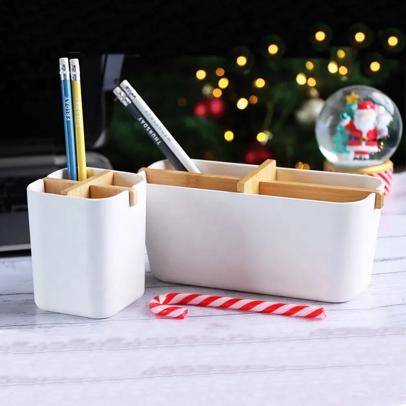 100% Plant based natural bamboo wood pen holder for desk divider cosmetic jewelry storage organizer box