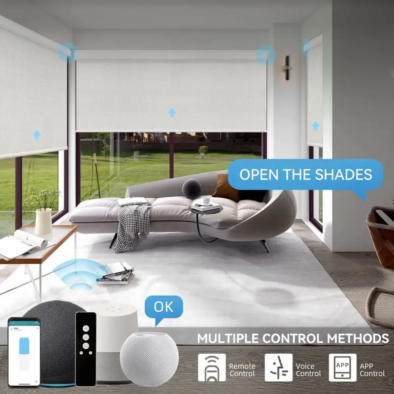 alexa app controlled roller screen shades indoor blackout tuya zigbee rechargeable battery motor powered motorized smart blinds