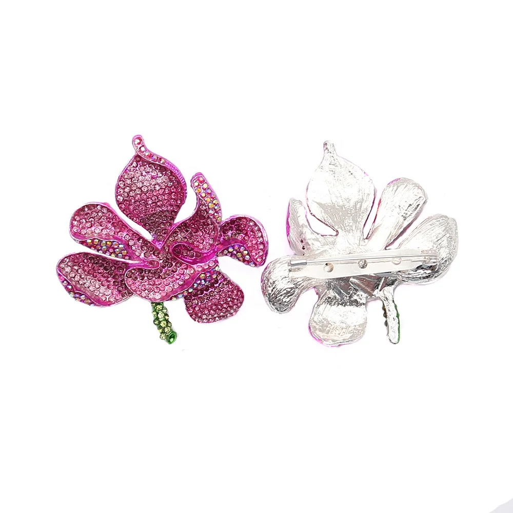 Wholesale Pink Rhinestone Orchid Flower Brooch Pin Crystal Rose For Women Jewelry Accessories Brooches