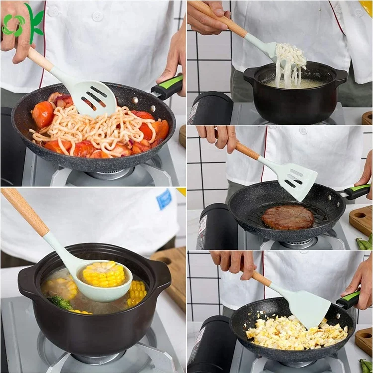  OKSILICONE Amazon Лидер продаж 11 упаковок разные размеры силиконовая деревянная кухонная утварь набор антипригарных кухонных
