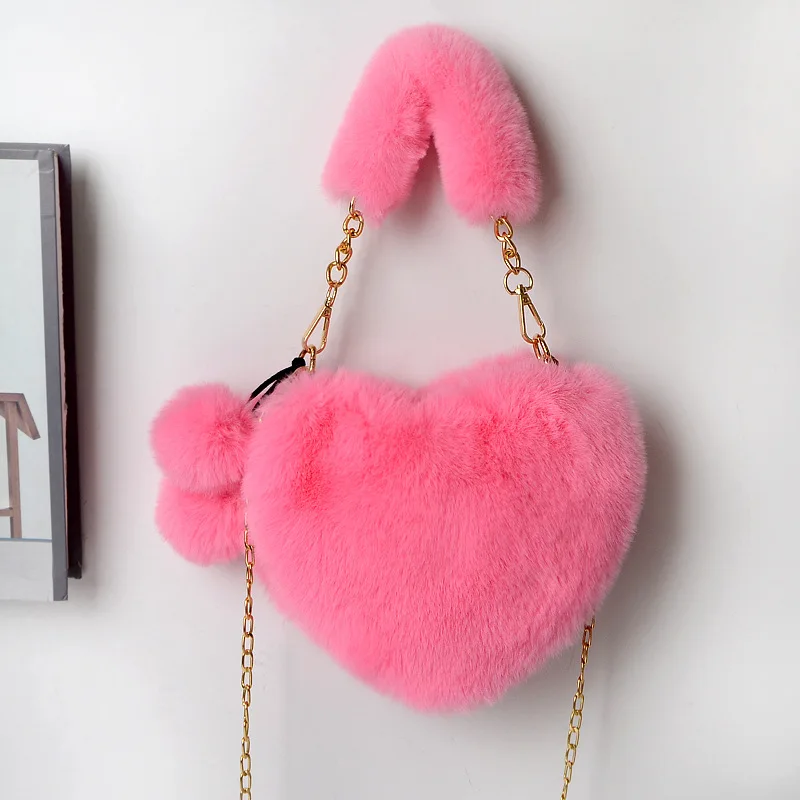 heart purse sets small 2023 women purses and handbags ladies mini designer Kid little girls faux fur furry heart shaped bags
