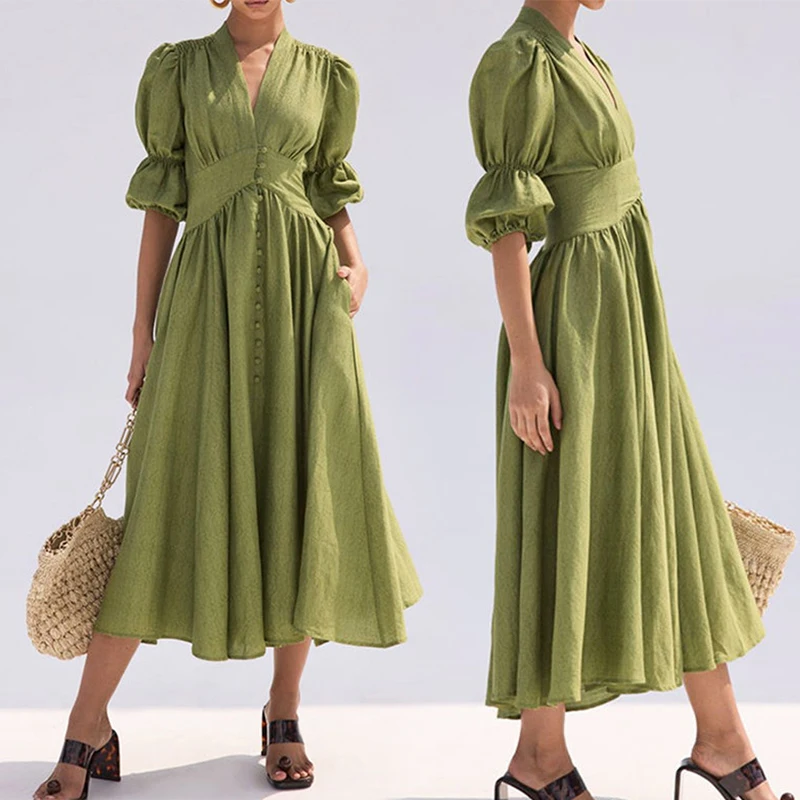 Designer Summer Fashion V Neck Short Sleeve Linen Maxi Dress Custom Women Casual Dresses