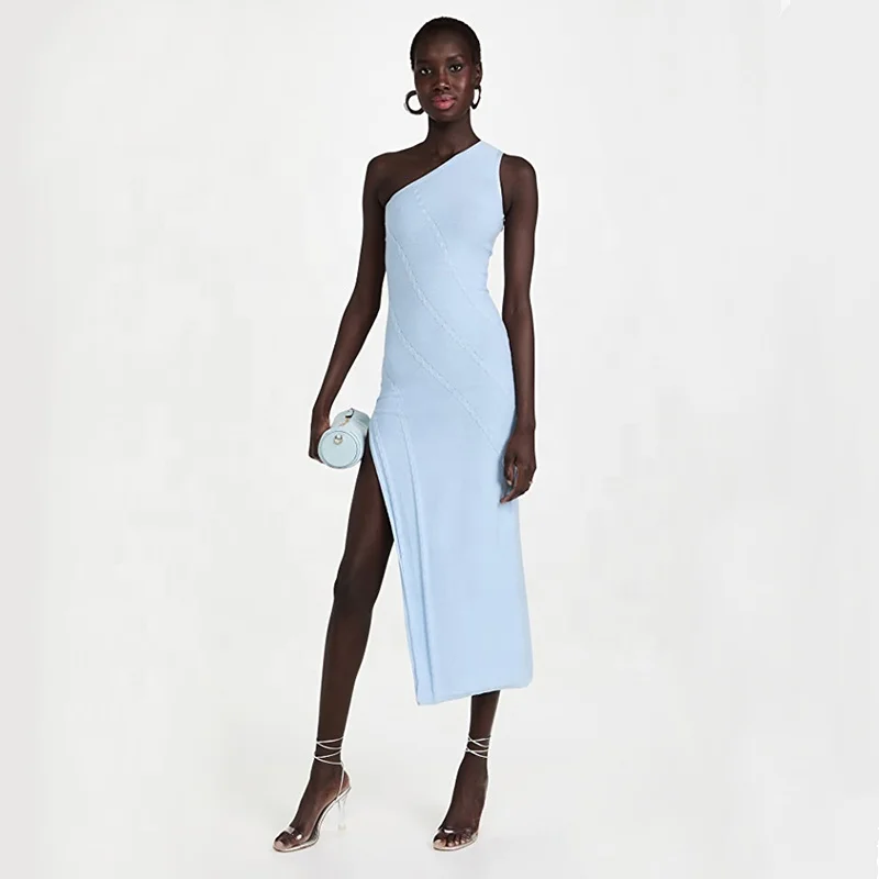 2022 Factory wholesale custom summer fashion sexy solid one shoulder sleeveless split prom knit dress women