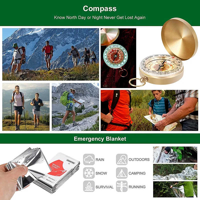 Professional Outdoor Survival Car Emergency Camping Sos Tool Set Kit With Fire Starter Compass And Survival Key