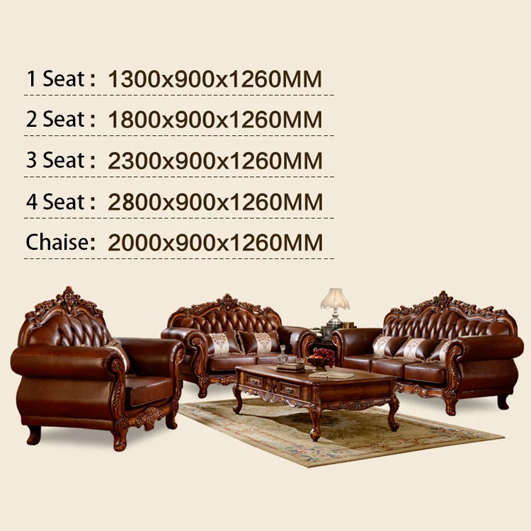 Chuangdian Foshan Factory Customized Luxury European Style Solid Wood Frame Brown Vintage Genuine Leather Living Room Sofa
