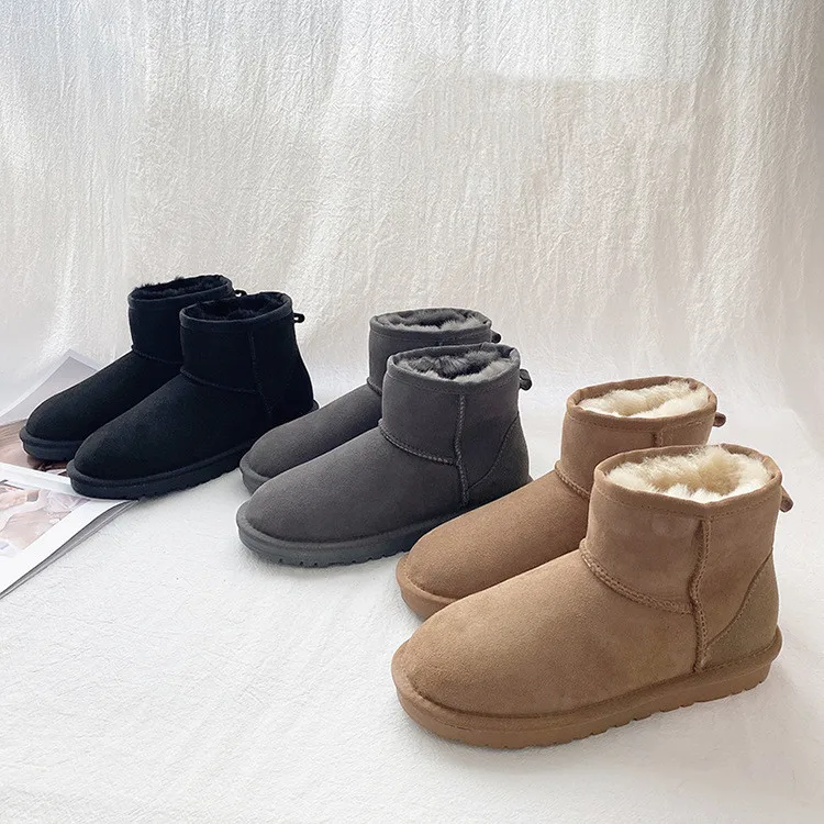 Custom Winter Warm Waterproof Genuine Leather Upper Sheepskin Fur Lining Ankle Women Snow Boots