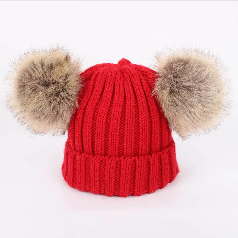 
Sweet two puffy fur pompoms infant winter hats knitted fashion baby beanie hats 2020 