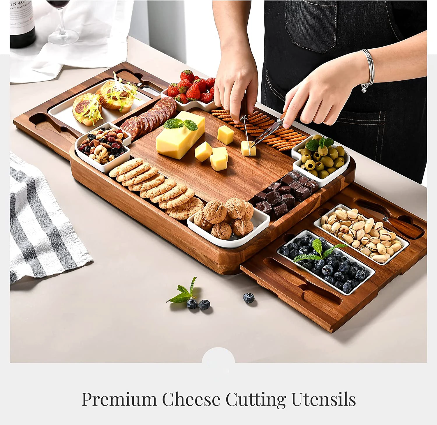 Acacia Cheese Board Set, Square Shaped Charcuterie Set, Cheese Platter Handcrafted Design