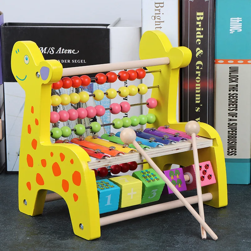 New Product Game Table 4 In 1 Wooden Yellow Deer Xylophone and Learning Abacus Beads Baby Toys