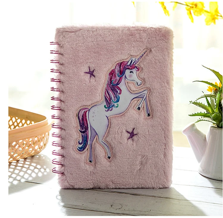 Promotional Children Girl Birthday Gift Set Beautiful Cute Plush Cover Unicorn School Hardcover Notebook