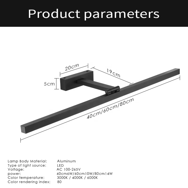 
Black and white all-aluminum lamp body mirror front lamp bathroom IP44 dressing table mirror lamp 