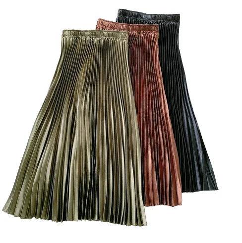 Elegant Ladies solid color high grade satin pleated versatile skirt Free Size Womens Skirts