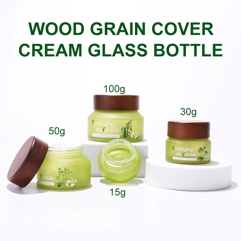 Fancy label frosted green glass bottle jar for face scream skin care lotion products with bamboo wooden lid bottle manufacturing