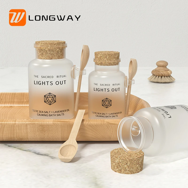 
Wholesale Frost ABS Plastic Bath Salt Container Jars with Wood Spoon and Cork Lid 100ml 200ml for Cosmetic Packaging 