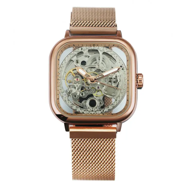 WINNER Official Blue Mens Watches Top Brand Luxury Automatic Mechanical Watch Men Carved Magnet Mesh Strap Skeleton Wristwatch