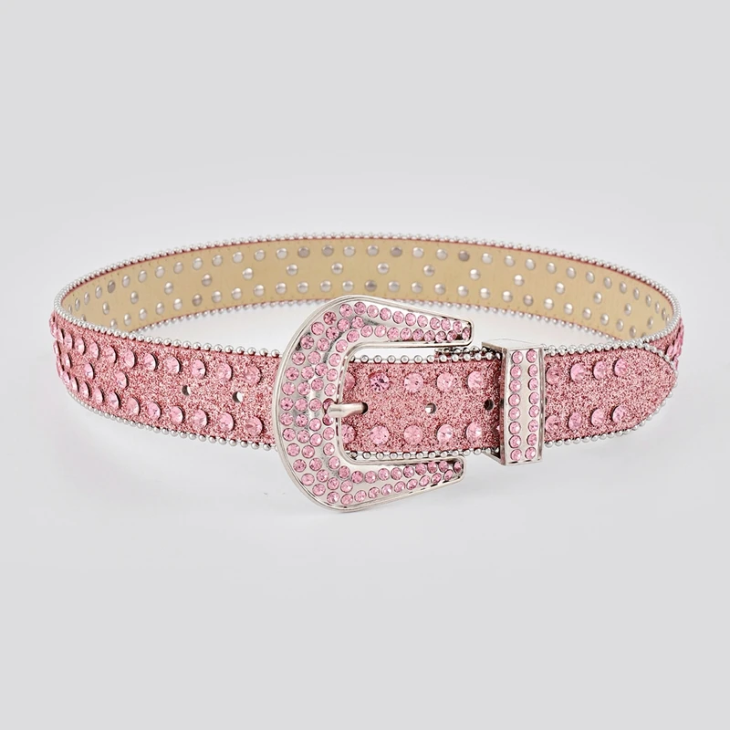 2023 новый модный Повседневный Белый Шипованный ремень со стразами Блестящий Пользовательский логотип розовый ремень со стразами
