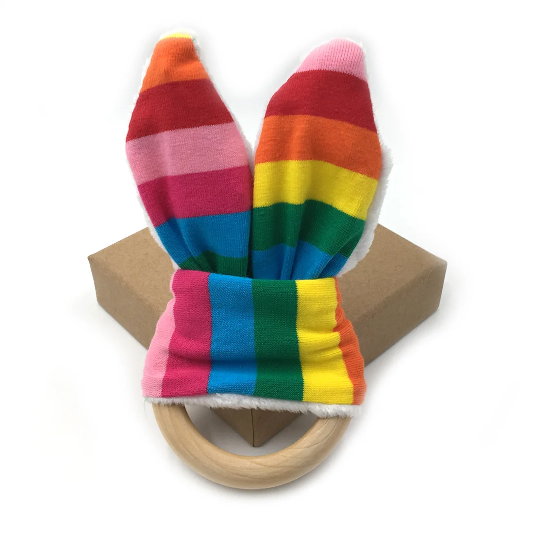 
Детские Прорезыватели для зубов в виде кролика с безопасным органическим кольцом для прорезывания зубов, радужная детская погремушка на запястье 