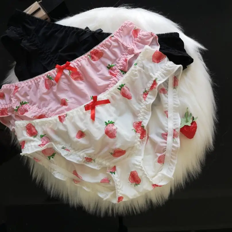 
051 Ice Silk Lolita Japanese Girl Strawberry Bow Low Waist Underwear Sweet g string Tangas Women Panties Sexy Briefs 