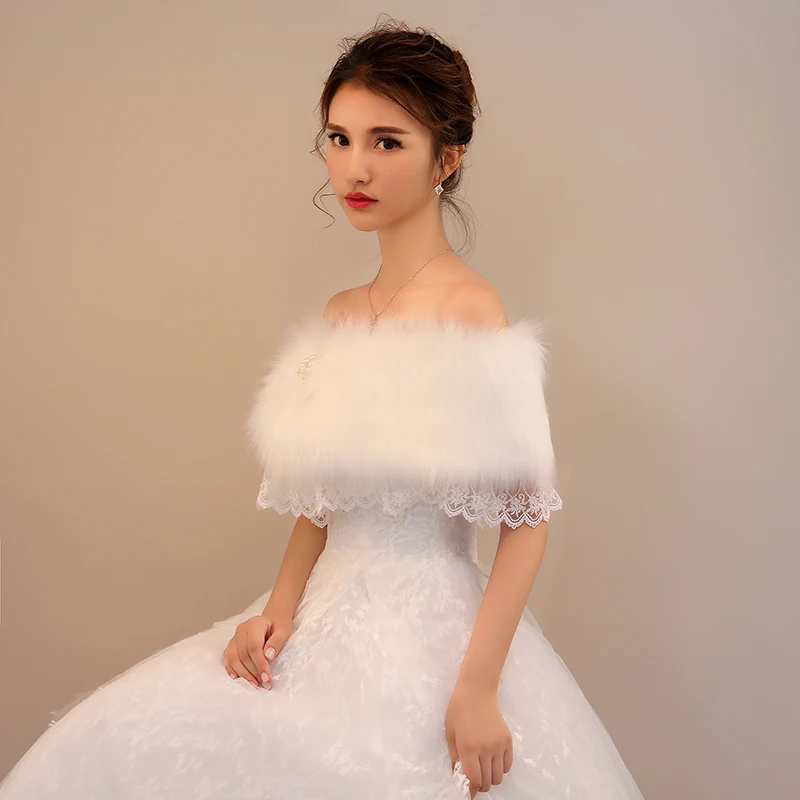 
Best selling wholesale winter bridal fur collar small shawl short lace rhinestone shawl pearl imitation buckle 