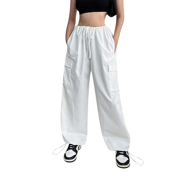 Streetwear fashion ladies woman wide leg pant trousers custom logo drawstring waist cargo pants for women