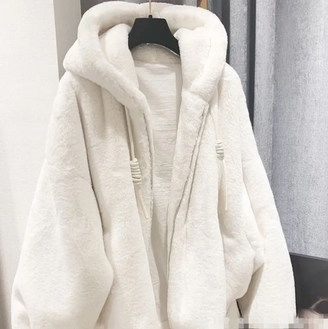 Autumn And Winter Lamb Fur Plush Faux Rex Rabbit Fur Hooded Loose Coat For Women
