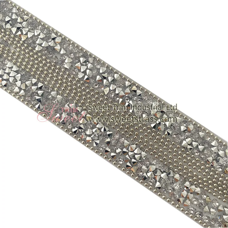 In Stock Silver 1cm Embroidered Crystal Rhinestone Banding Trimming for Dress
