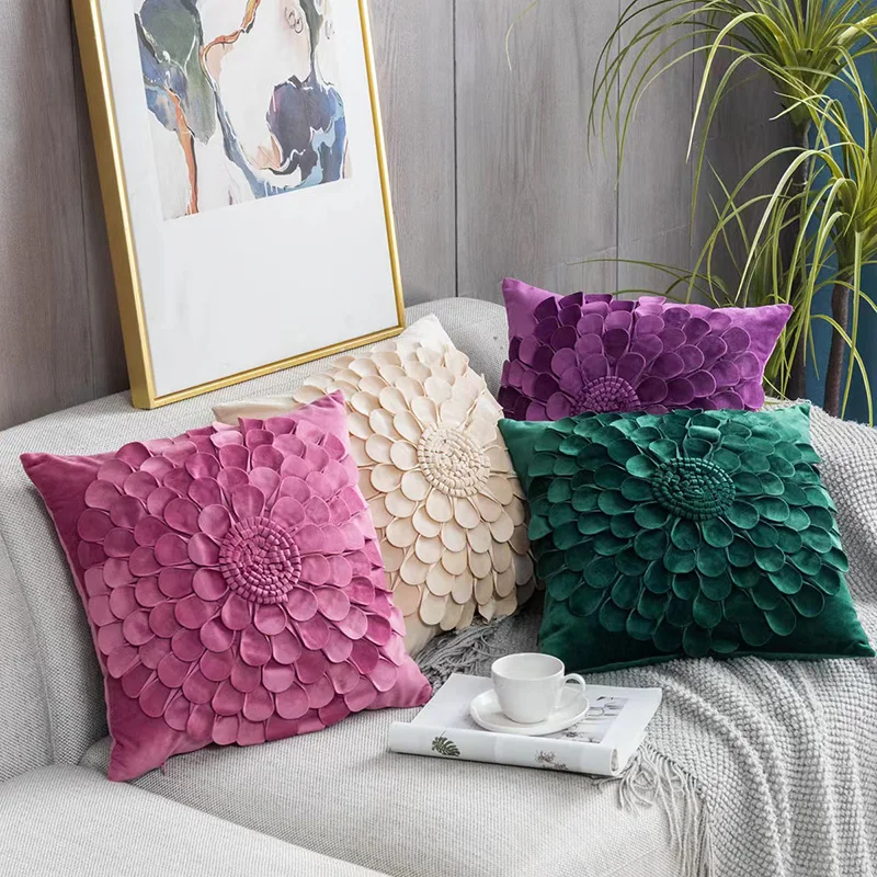 Velvet Handmade 3D Floral Throw Pillow Cover with Hidden Zipper for Couch Bed Living Room Home Decor
