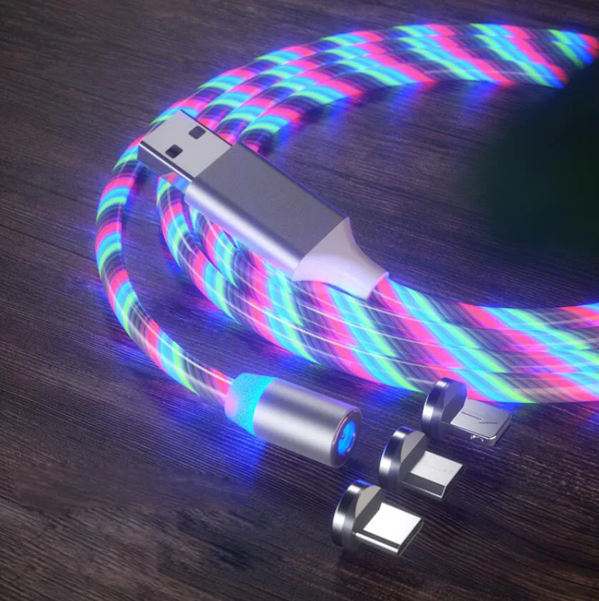 
3 in 1 LED light Luminous Glow Flowing Magnetic Charging Cable luminous magnetic cable 