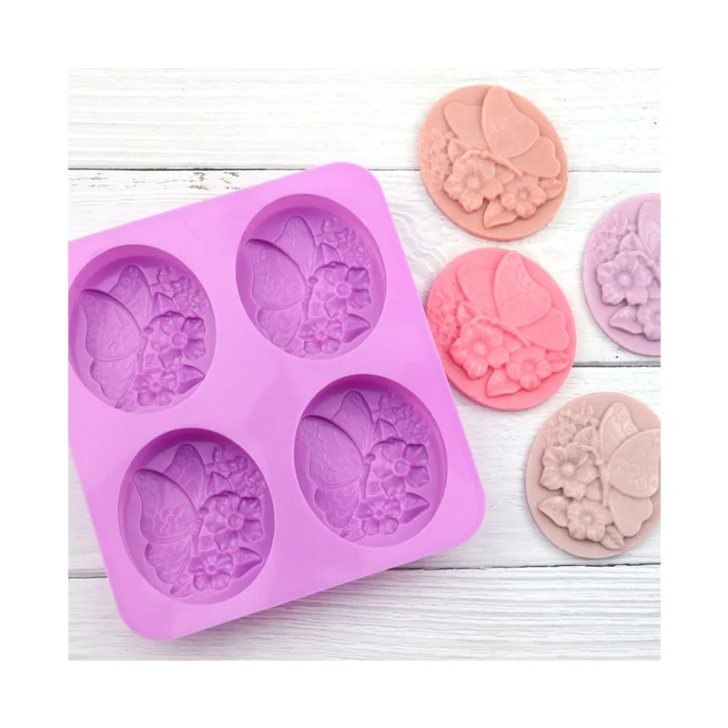 4 Cavities Oval Butterfly Flower Silicone Soap Mold