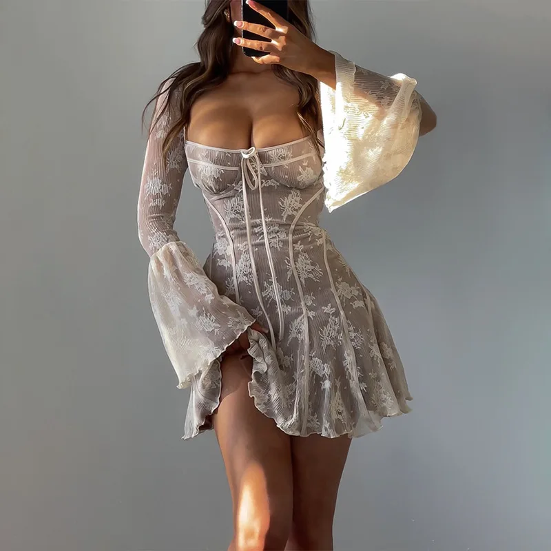 Hot Selling Bell Sleeve Print Dresses 2024 Party Elegant Sexy Dresses Curves Lace Up Women Laced Corset Dress