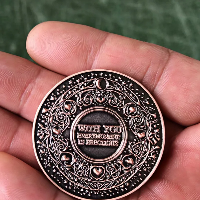 Double-Sided Rose Commemorative Coin, Zinc Alloy With Antique Red Copper Brushed Relief Finish