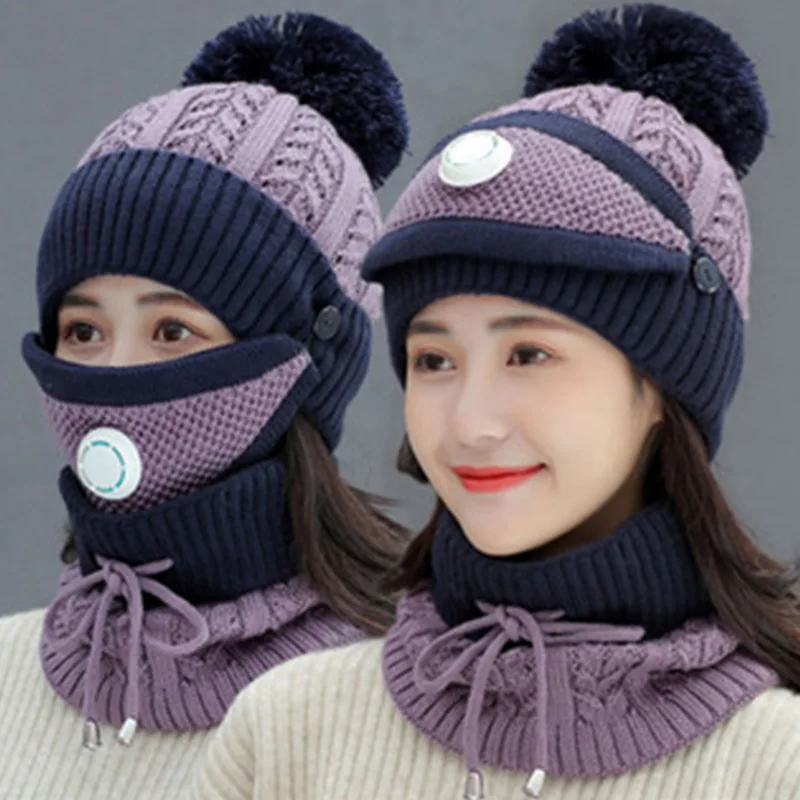 Women Scarf Hat Set Warm Infinity Scarf Pom Pom Beanie Hat Snow Ski Cap Winter Hats with Breather Valve Knitted Keep Warm