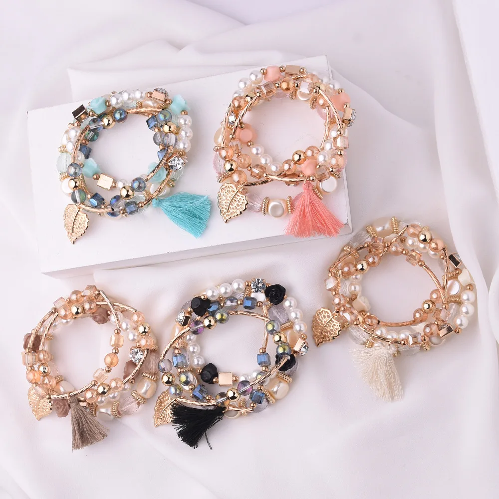 Top Fashion Europe and the United States Crystal Multi-layer Pearl Bracelet Glass Alloy Temperament Fringe