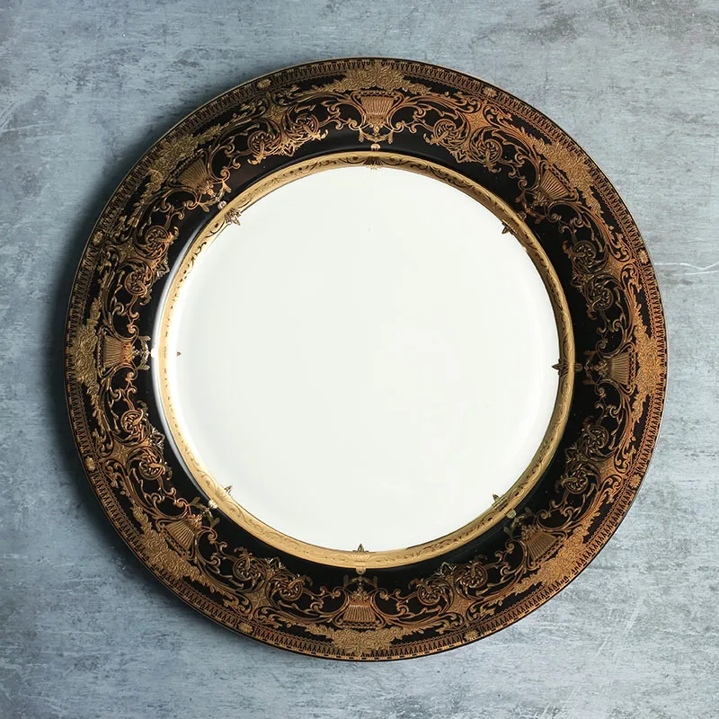 Ceramic Luxury Royal Serving Plates set Embossed Real Gold Rim Bone China dinner Plate