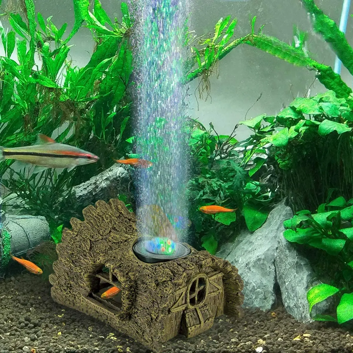 Hygger Aquarium Air Stone Light Ornament, 3 in 1 Fish Tank Decorations Kit Lmitating Resin Wood Trunk Hideout Cave Bubble LED