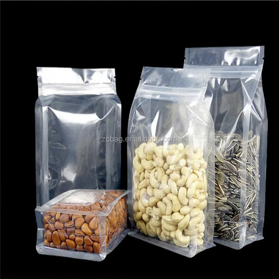 Wholesale Full Clear Transparent Clear Flat Bottom Quad Side Gusseted Customized 100g Coffee Food Grade Pocket Boxpouch Bags