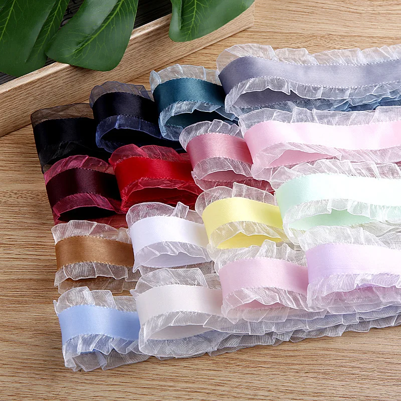 Wholesale High Quality Double Ruffle Organza Edge Satin Ribbon Fancy Personalised Ribbons For Headwear Bows