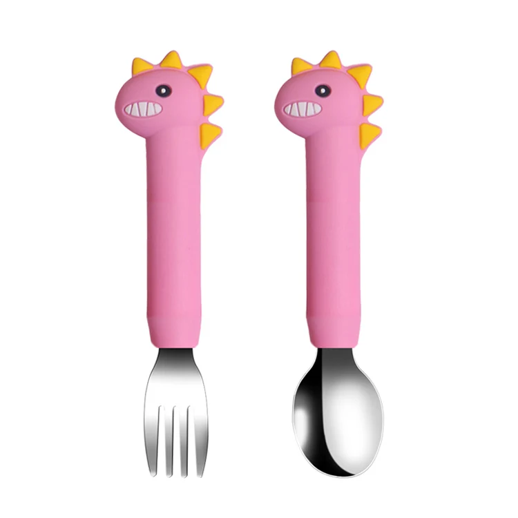 customizable Dinosaur shape baby silicone spoons forks toddler baby children feeding training spoon and fork