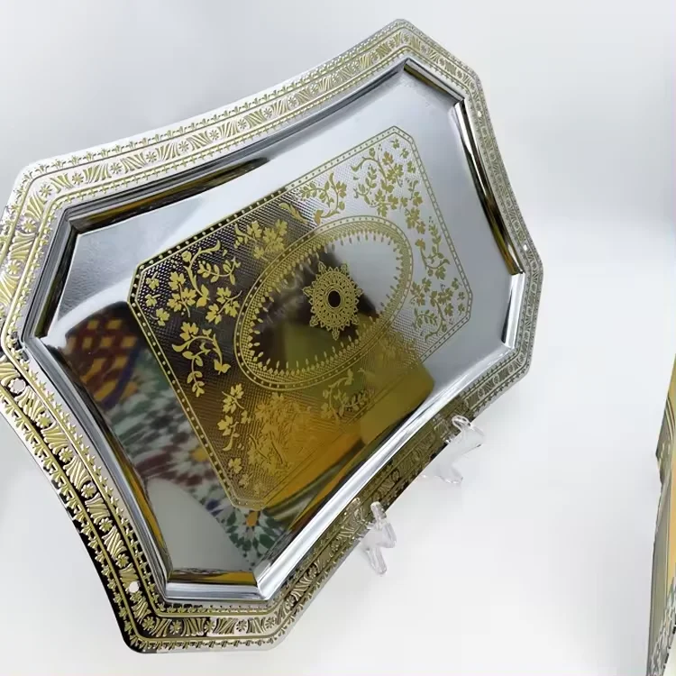 luxury gold carved stainless steel  serving tray Arabic Tray for Tea Chocolate Serving Decorative Tray
