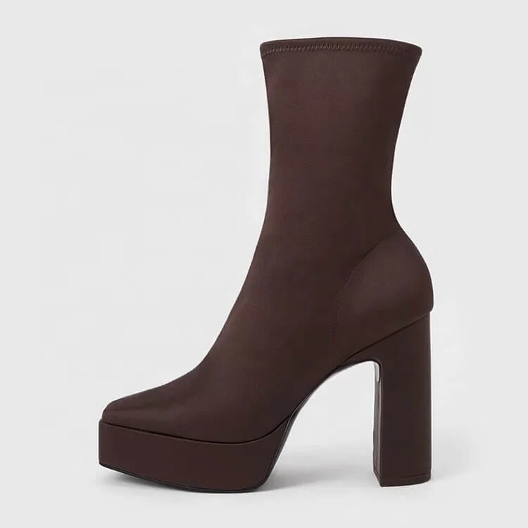 Dark Brown Pink Satin Silk Side-Zip Platform Block Heel Ankle Skinny Boots