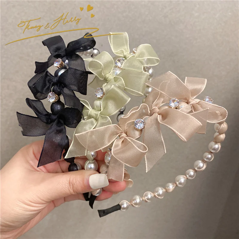 Tracy & Herry Wedding Bride Hair Accessory Fairy Gauze Bowknot Headdress Shiny Women Thin Edge Rhinestone Pearl Headband