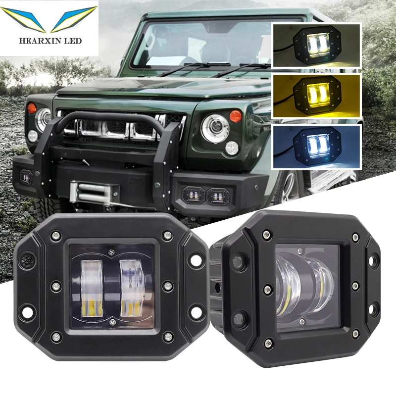 12~24V Universal Auto LED Work Light Hi Lo Beam Dual Color Motorcycle Spotlights Offroad DRL Flush Mount LED Pod Light