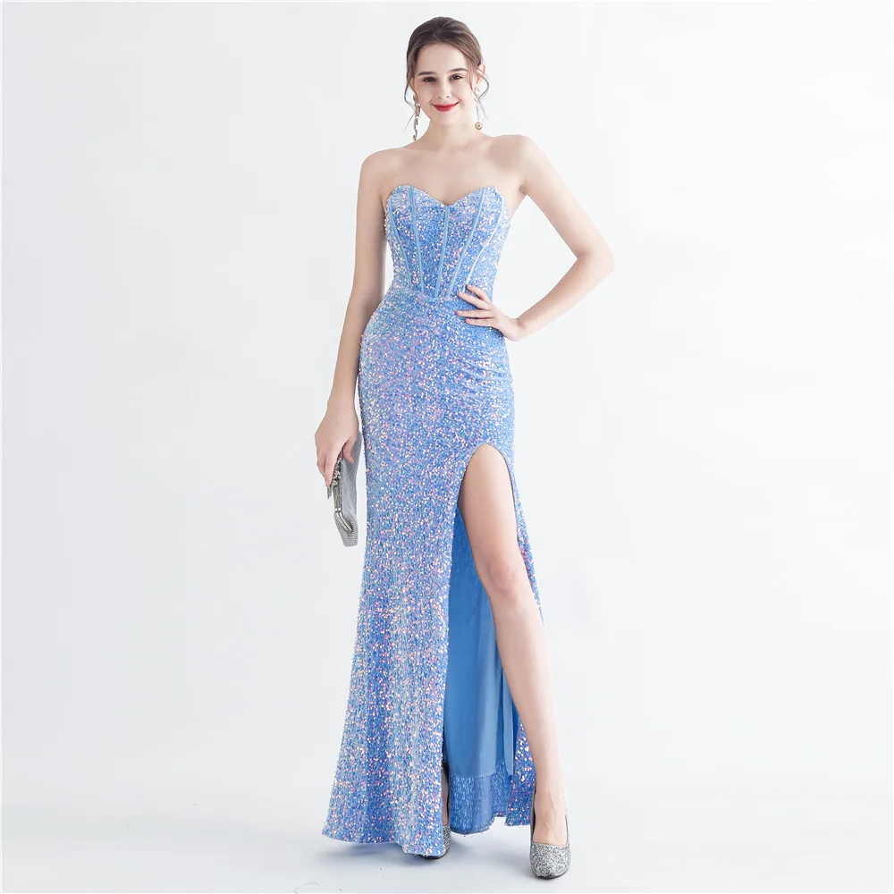 31155# Foreign trade new product magic beads back strapping corsage-style side split plastering Fishbone evening gown