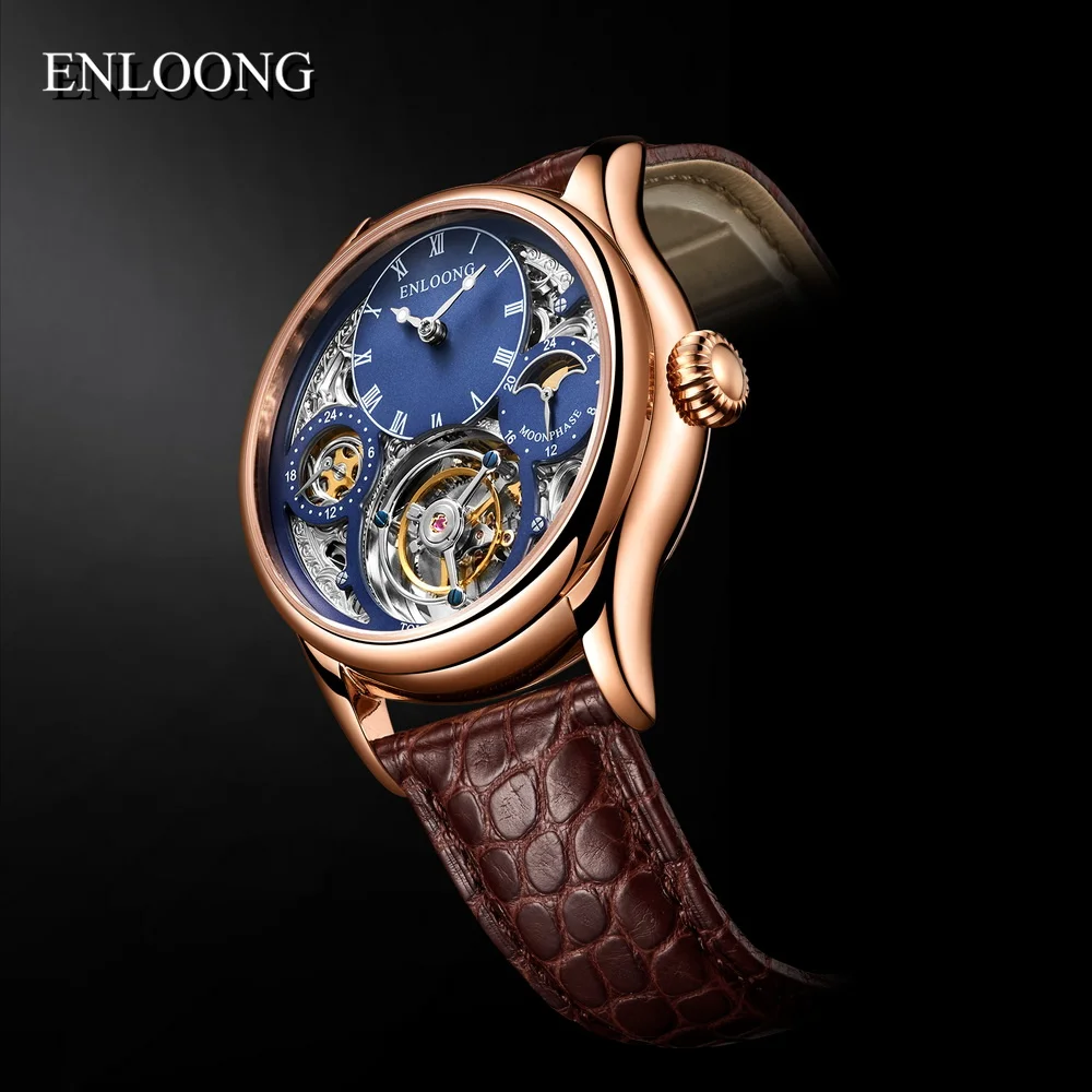 ENLOONG  Private Label Gold GMT Luxury Moon Phase Antique Skeleton Tourbillon Mechanical Watch