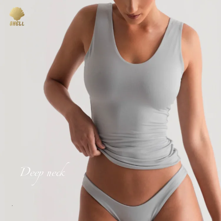 Luluxixiyaya High Level Rayon Spandex Mix Wild Shoulder Deep Scoop Neck Tank Top Double Layer Plain T Shirt