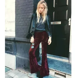 Dropshipping Vintage Golden Velvet High Waist Elastic Velvet Flare Pants Pants Women Trouser
