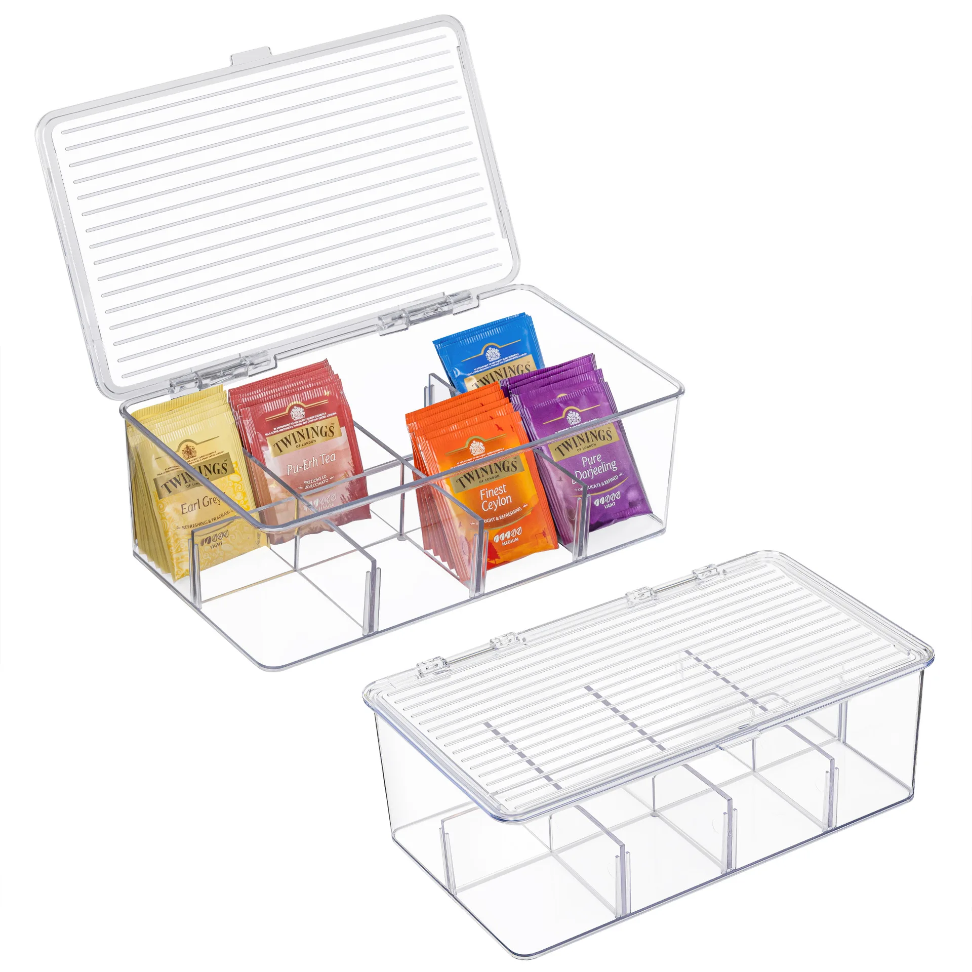 Plastic Tea Bag Divided Storage Organizer Container Box with Hinge Lid for Kitchen Cabinet Countertop Pantry Hold Coffee Pod
