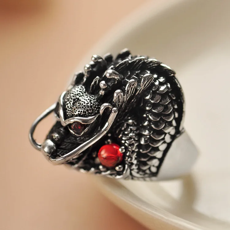 Punk Vintage Style Stylish Finger Rings Jewelry Steel Casting China Dragon Head Animal Zodiac Ring Men Gift
