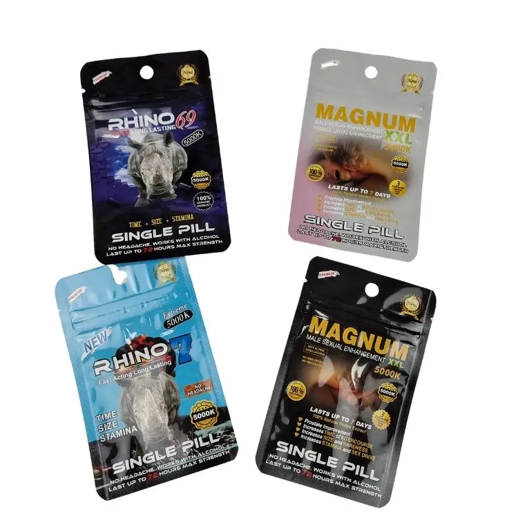 Custom Men Tablet Bag Enhancement Capsules Rhino Magnum Packaging Pouch Honey Pack Smellproof Zip Lock Resealable Edibles Snacks